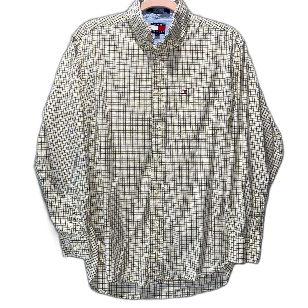 Tommy Hilfiger Vintage Mens Yellow Plaid Button Down 100% Cotton Shirt Sz Small